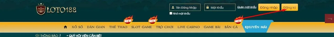 Chọn mục đăng ký tài khoản Loto188